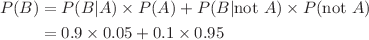 P(B) &= P(B | A) \times P(A) + P(B | \text{not }A) \times P(\text{not }A) \\
         &= 0.9 \times 0.05 + 0.1 \times 0.95